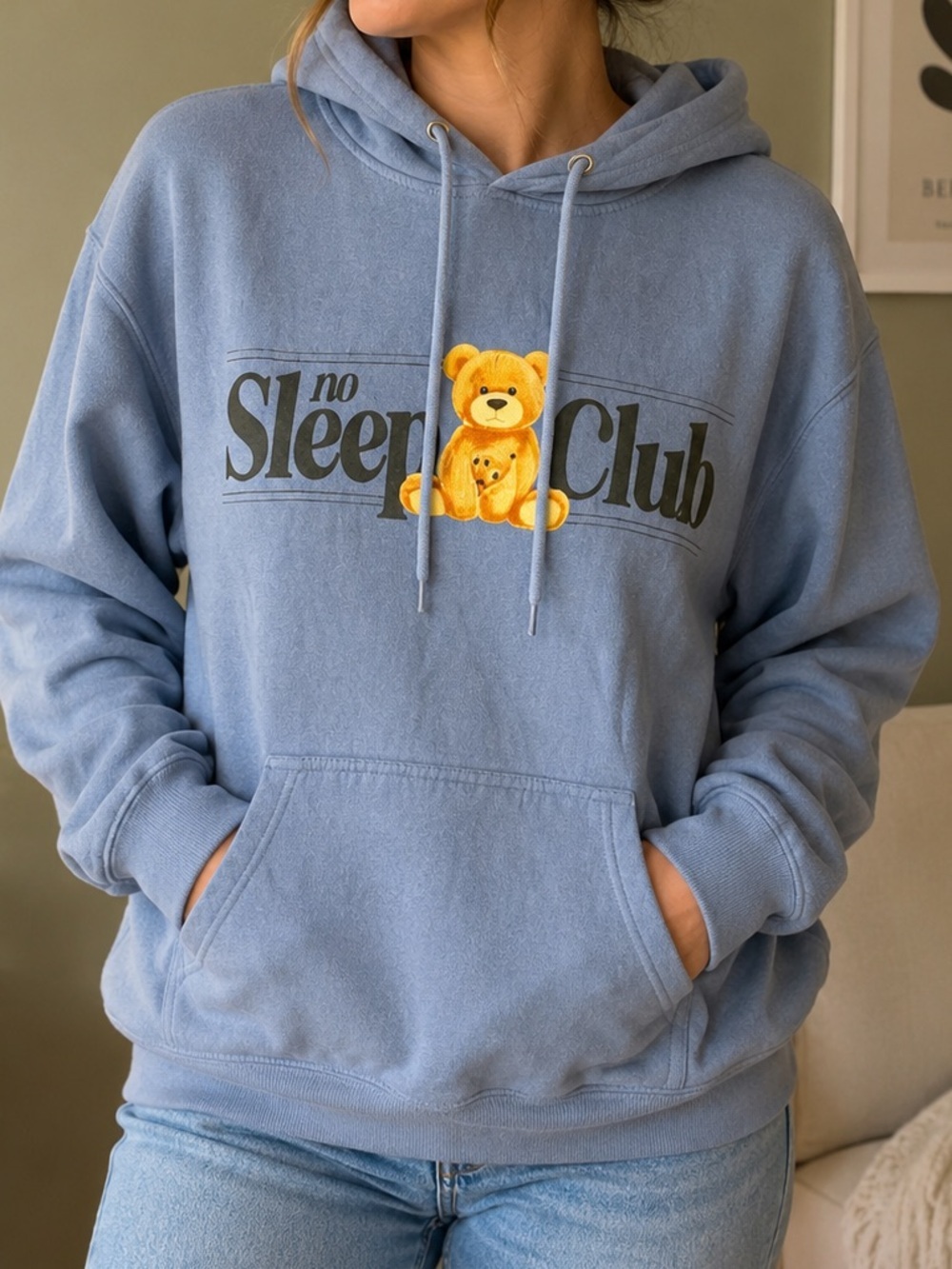 No Sleep Club Teddy Bear Graphic Hoodie Blue Size Medium Lane Seven